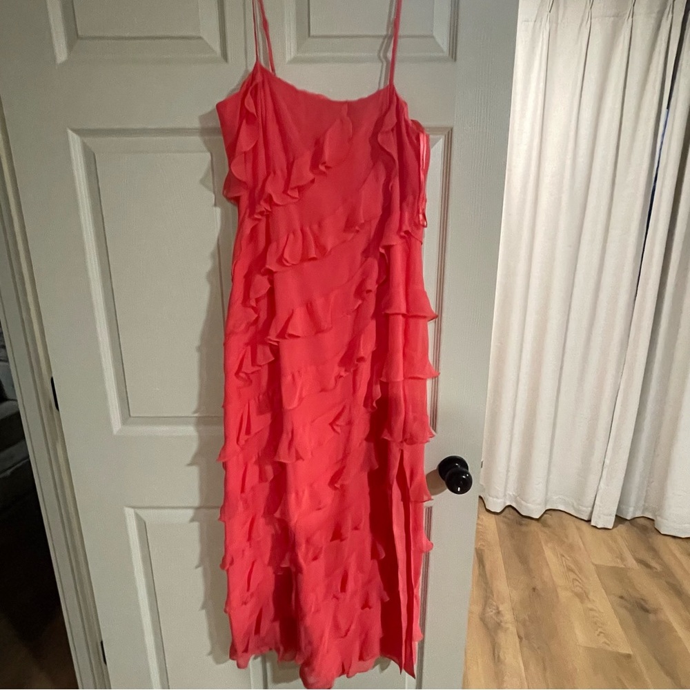Gianni Bini NWT Taylor Chiffon Coral Watermelon Ruffle Dress Spaghetti Straps 12 - Picture 11 of 16